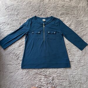 Anne Klein Blue Blouse with Gold zipper detail size M